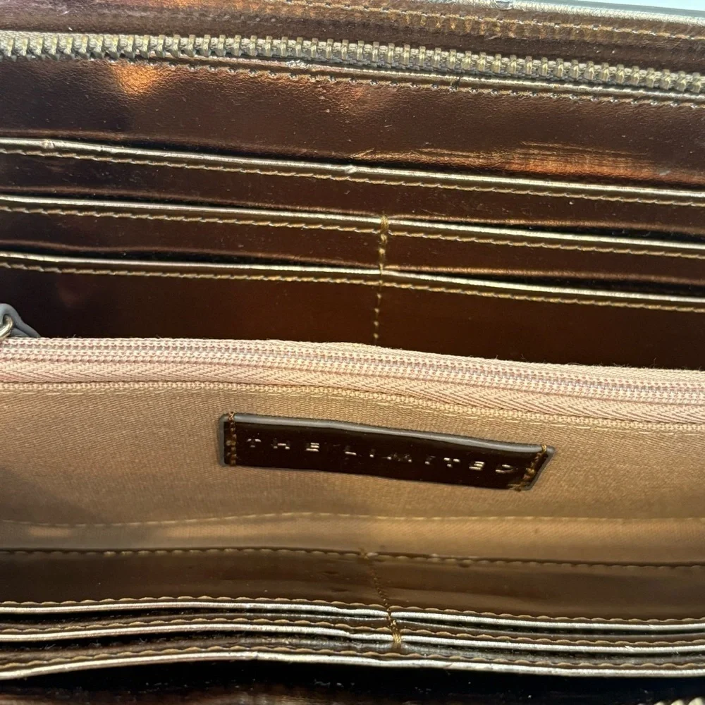 The Limited Tan and Gold Wallet Wristlet Clutch Gold Tassle Chain Beige striped